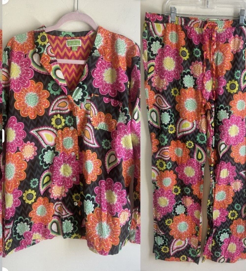 Vera Bradley Pajama Set Womens XL Floral 100% Cotton Button Up Pants Lounge